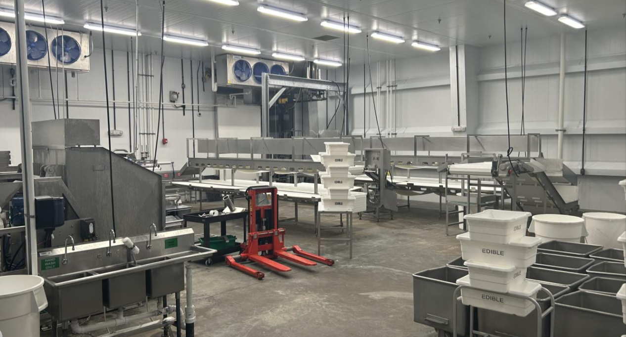 Interior processing facility with stainless steel equipment and edible bins